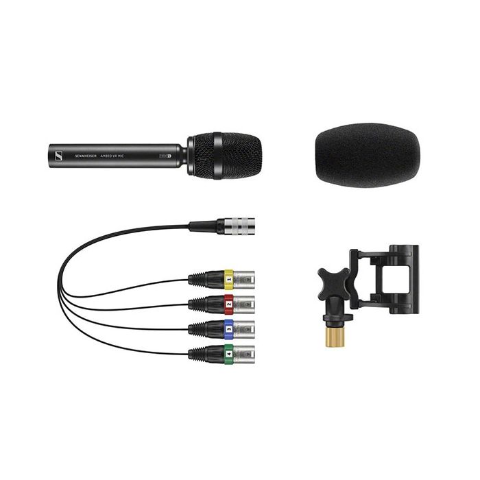 Sennheiser AMBEO VR with accessories,Sennheiser AMBEO VR Close Up,Sennheiser AMBEO VR side,Sennheiser AMBEO VR with windshield