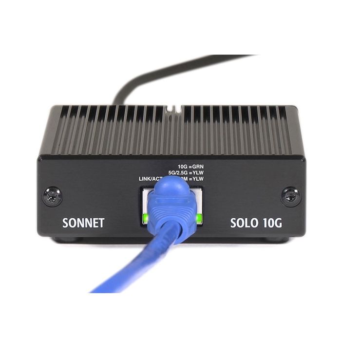 Sonnet Solo 10G front with ethernet cable,Sonnet Solo 10G with MacBook Pro,Sonnet Solo 10G side,Sonnet Solo 10G front
