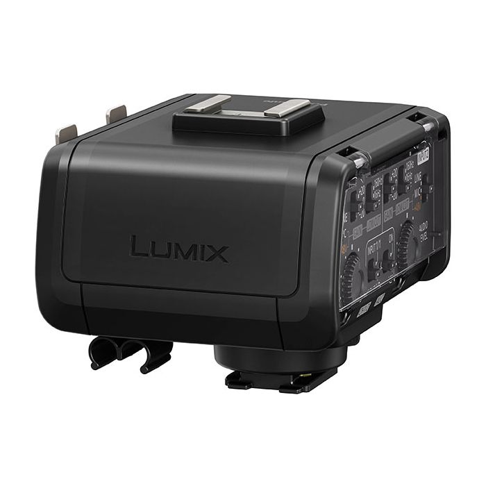 Panasonic DMW-XLR1 XLR Microphone Adaptor Side,Panasonic DMW-XLR1 XLR Microphone Adaptor Side with GH5 & Microphone,Panasonic DMW-XLR1 XLR Microphone Adaptor showing controls,Panasonic DMW-XLR1 XLR Microphone Adaptor with GH5 & dual microphones,Panasonic 